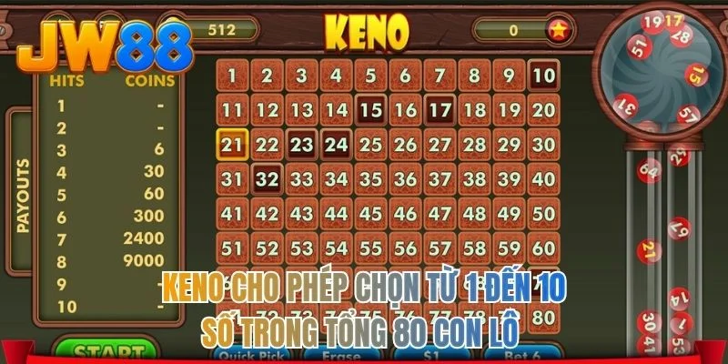 Keno cho phép chọn từ 1 đến 10 số trong tổng 80 con lô 